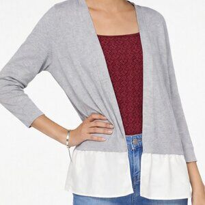 LOFT / GRAY-OFF WHITE SATIN HEM TRIM OPEN FRONT CARDIGAN SWEATER SIZE: L NWT